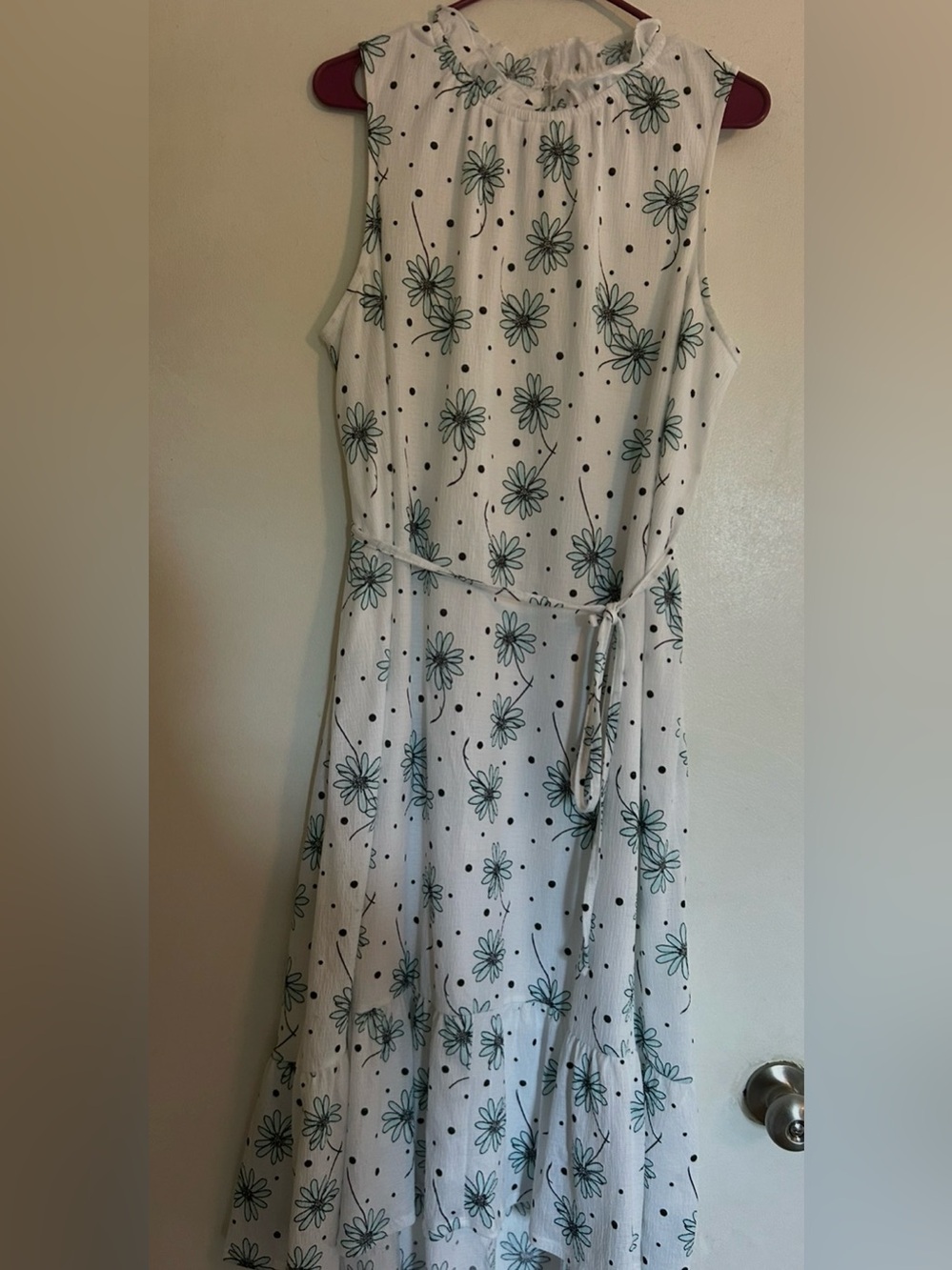 Cato White Dress with Teal Floral Print and Black Dots